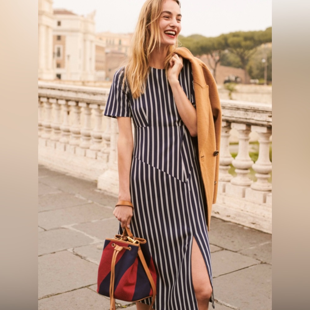 Boden Navy Blue White Pinstripe Midi Dress Short Sleeve Side Slit Work Casual